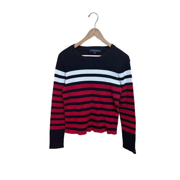 Tommy Hilfiger Women's Red Combo Ribbed Striped Crewneck Sweater Size L - Picture 1 of 4